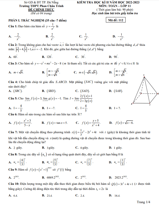 Đề học kì 2 (HK2) lớp 11 môn Toán năm 2022 2023 trường THPT Phan Châu Trinh Đà Nẵng