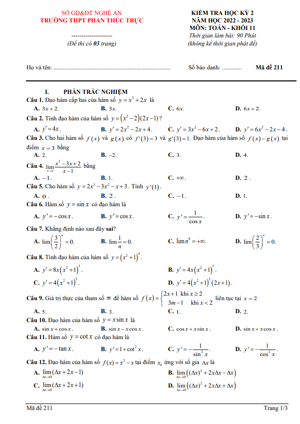 Đề học kì 2 (HK2) lớp 11 môn Toán năm 2022 2023 trường THPT Phan Thúc Trực Nghệ An