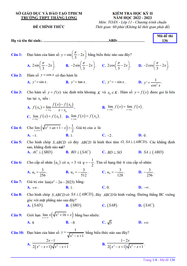 Đề học kì 2 (HK2) lớp 11 môn Toán năm 2022 2023 trường THPT Thăng Long TP HCM