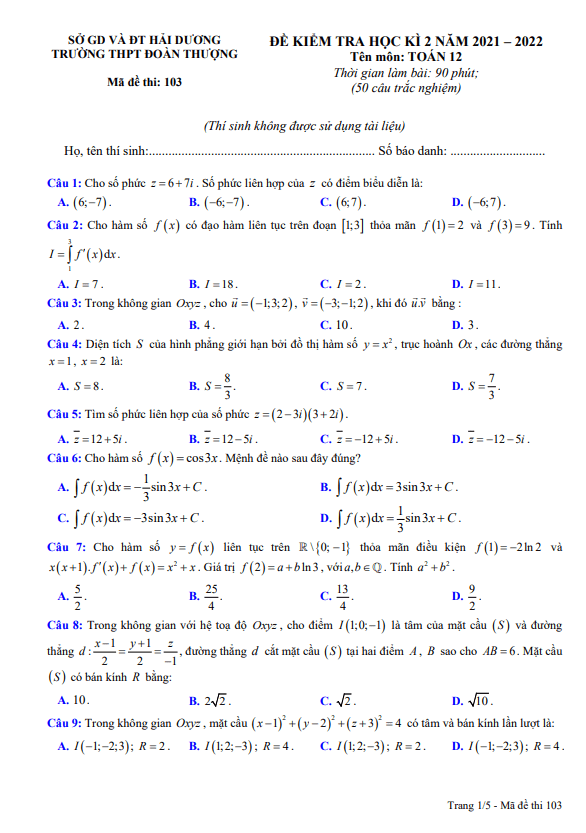 Đề học kì 2 (HK2) lớp 12 môn Toán năm 2021 2022 trường THPT Đoàn Thượng Hải Dương