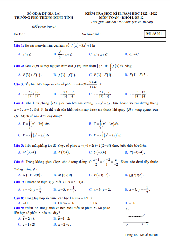 Đề học kì 2 (HK2) lớp 12 môn Toán năm 2022 2023 trường Phổ thông DTNT tỉnh Gia Lai