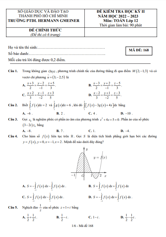 Đề học kì 2 (HK2) lớp 12 môn Toán năm 2022 2023 trường PTDL Hermann Gmeiner TP HCM
