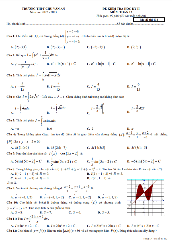 Đề học kì 2 (HK2) lớp 12 môn Toán năm 2022 2023 trường THPT Chu Văn An Đắk Nông