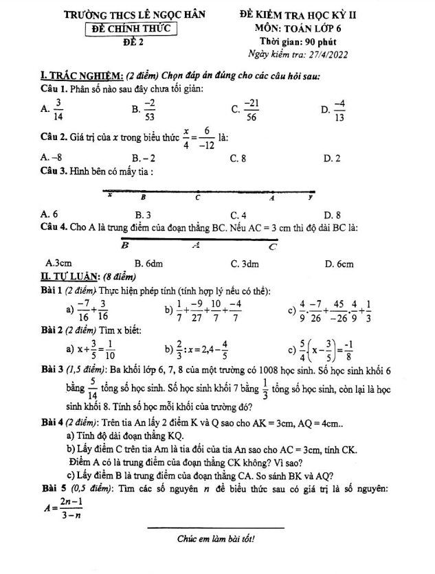 Đề học kì 2 (HK2) lớp 6 môn Toán năm 2021 2022 trường THCS Lê Ngọc Hân Hà Nội