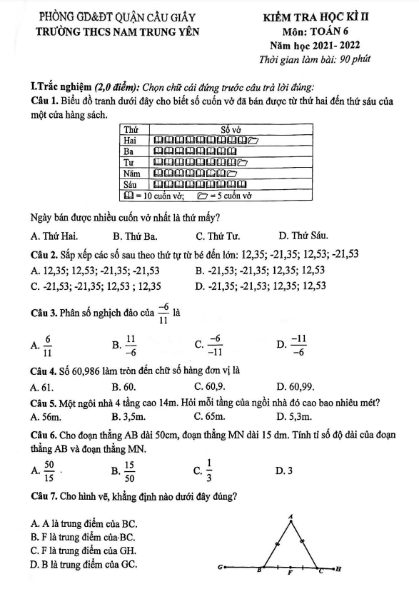 Đề học kì 2 (HK2) lớp 6 môn Toán năm 2021 2022 trường THCS Nam Trung Yên Hà Nội