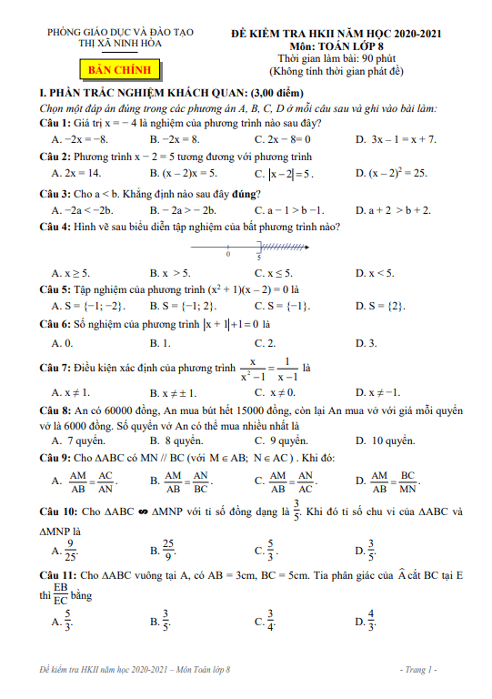 Đề học kì 2 (HK2) lớp 8 môn Toán năm 2020 2021 phòng GD ĐT thị xã Ninh Hòa Khánh Hòa