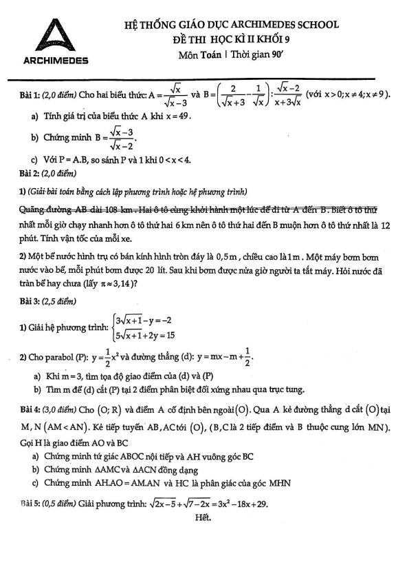 Đề học kì 2 (HK2) lớp 9 môn Toán năm 2021 2022 hệ thống giáo dục Archimedes School Hà Nội