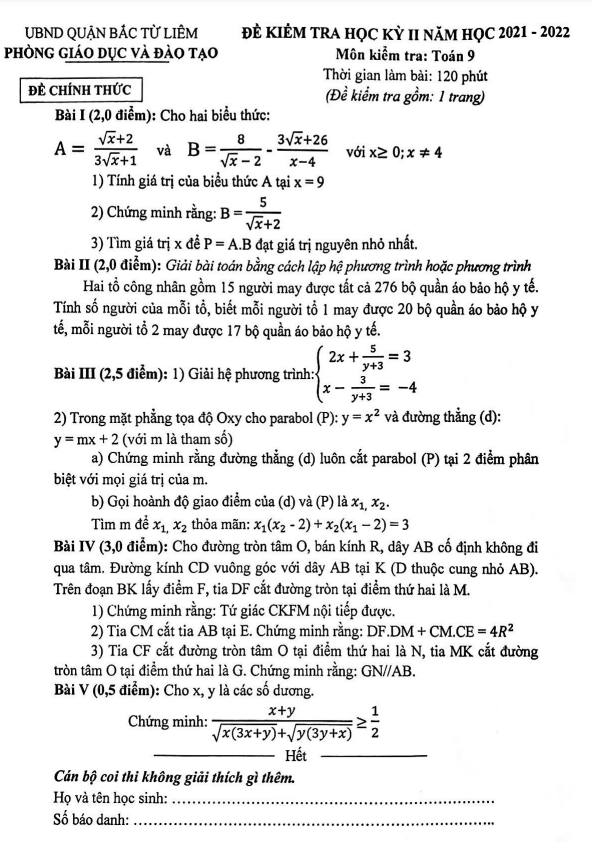 Đề học kì 2 (HK2) lớp 9 môn Toán năm 2021 2022 phòng GD ĐT Bắc Từ Liêm Hà Nội