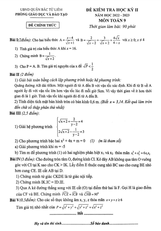 Đề học kì 2 (HK2) lớp 9 môn Toán năm 2022 2023 phòng GD ĐT Bắc Từ Liêm Hà Nội