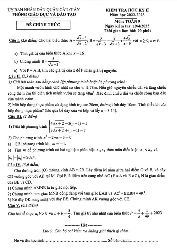 Đề học kì 2 (HK2) lớp 9 môn Toán năm 2022 2023 phòng GD ĐT Cầu Giấy Hà Nội