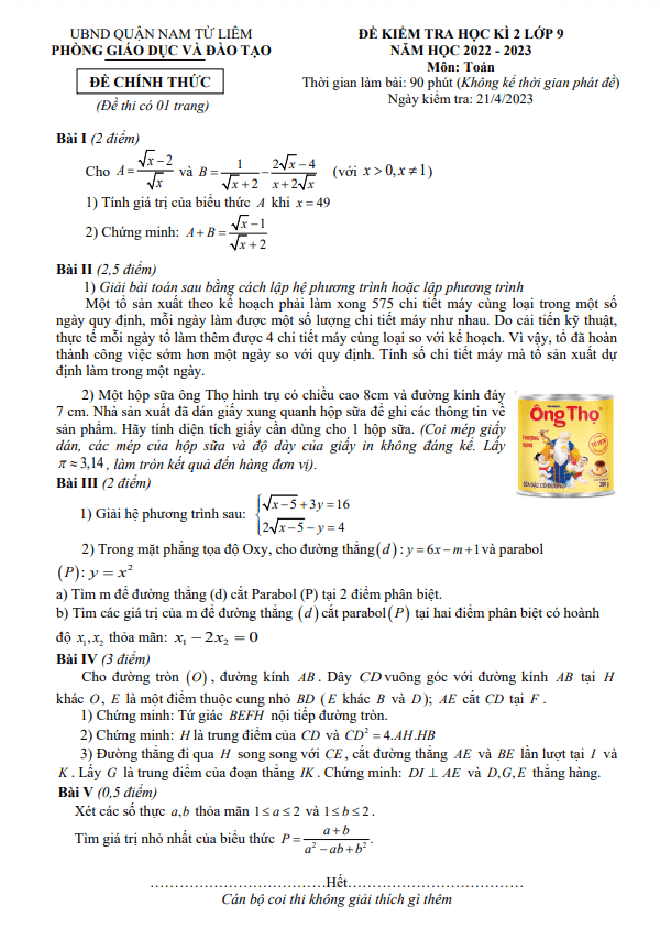Đề học kì 2 (HK2) lớp 9 môn Toán năm 2022 2023 phòng GD ĐT Nam Từ Liêm Hà Nội