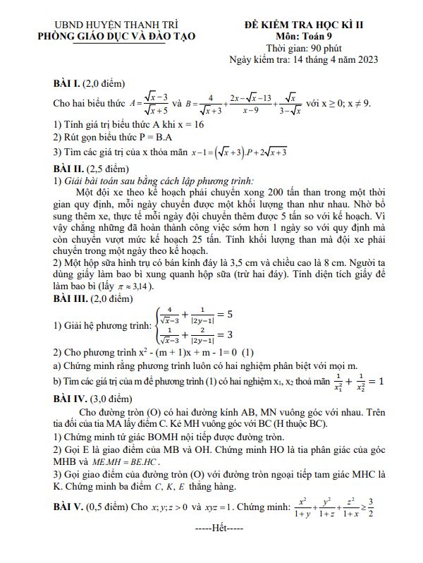 Đề học kì 2 (HK2) lớp 9 môn Toán năm 2022 2023 phòng GD ĐT Thanh Trì Hà Nội