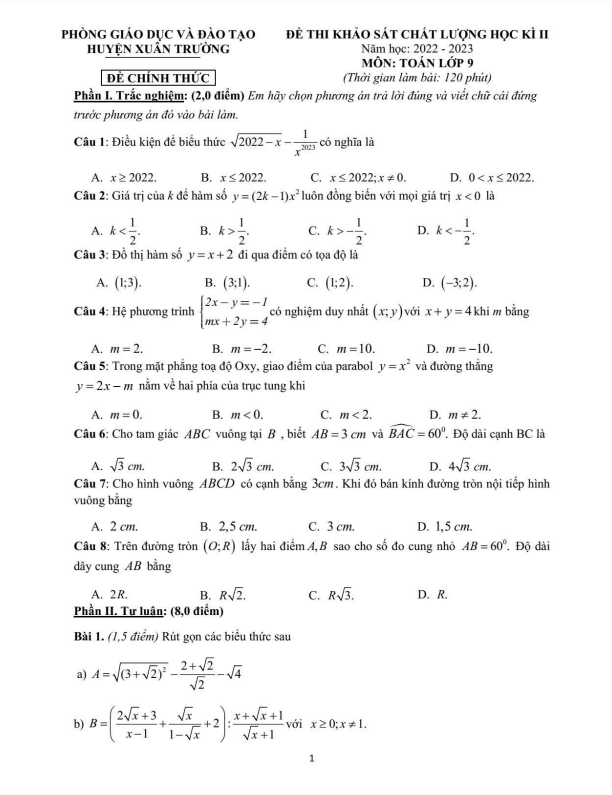 Đề học kì 2 (HK2) lớp 9 môn Toán năm 2022 2023 phòng GD ĐT Xuân Trường Nam Định