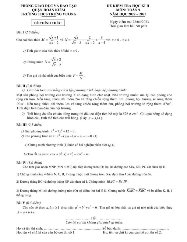 Đề học kì 2 (HK2) lớp 9 môn Toán năm 2022 2023 trường THCS Trưng Vương Hà Nội