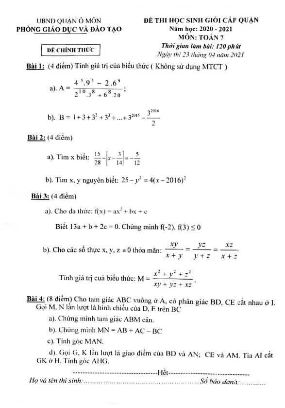 Đề học sinh giỏi cấp quận Toán 7 năm 2020 2021 phòng GD ĐT Ô Môn Cần Thơ