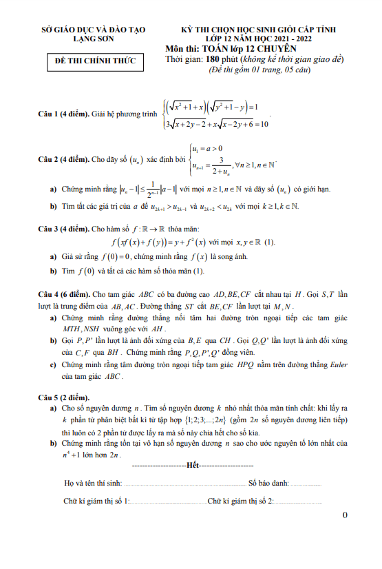 Đề học sinh giỏi cấp tỉnh lớp 12 môn Toán chuyên năm 2021 2022 sở GD ĐT Lạng Sơn