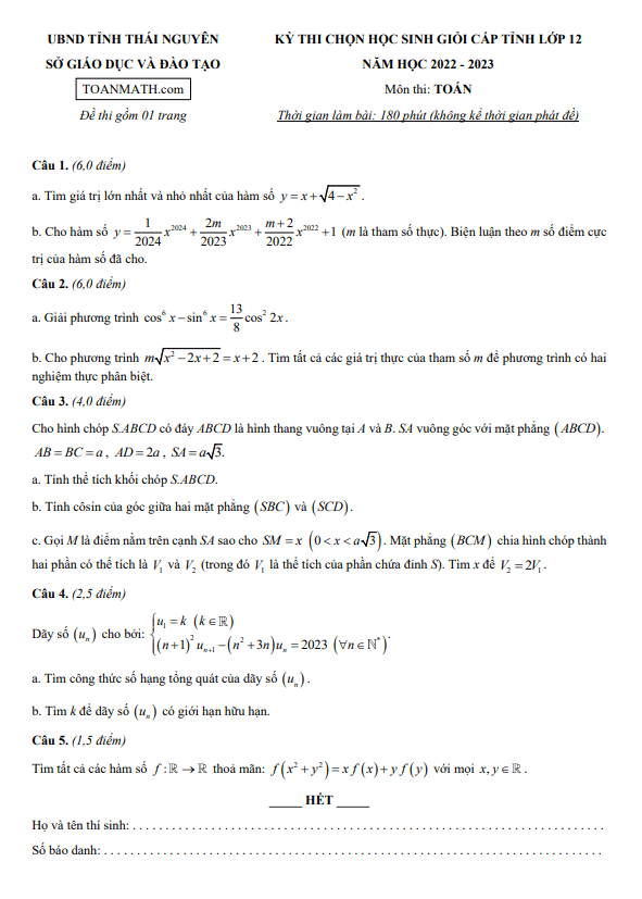 Đề học sinh giỏi cấp tỉnh lớp 12 môn Toán năm 2022 2023 sở GD ĐT Thái Nguyên