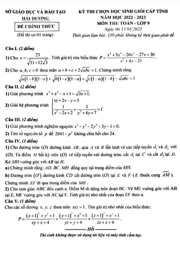Đề học sinh giỏi cấp tỉnh lớp 9 môn Toán năm 2022 2023 sở GD ĐT Hải Dương