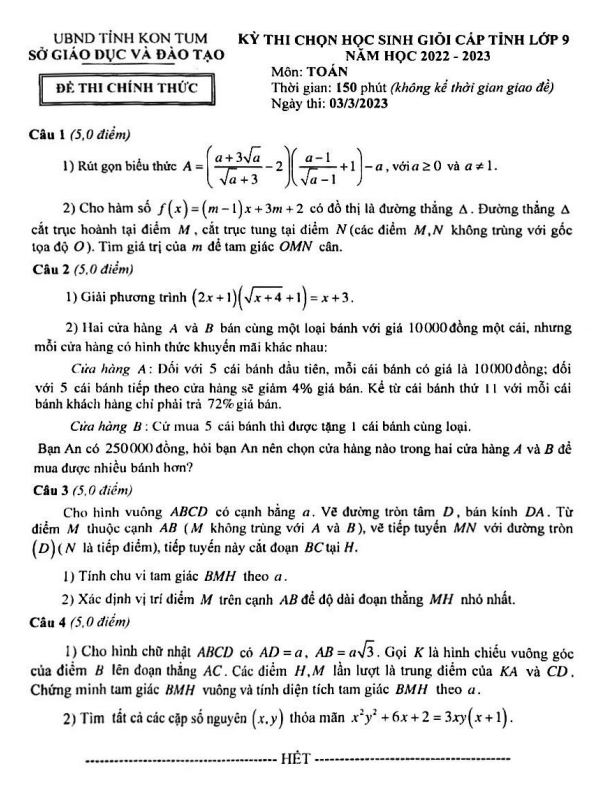 Đề học sinh giỏi cấp tỉnh lớp 9 môn Toán năm 2022 2023 sở GD ĐT Kon Tum