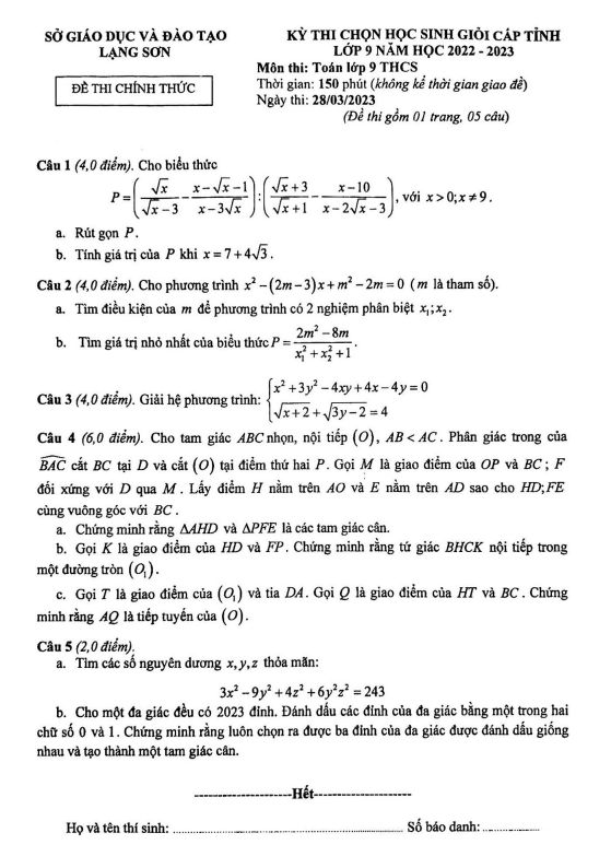 Đề học sinh giỏi cấp tỉnh lớp 9 môn Toán năm 2022 2023 sở GD ĐT Lạng Sơn