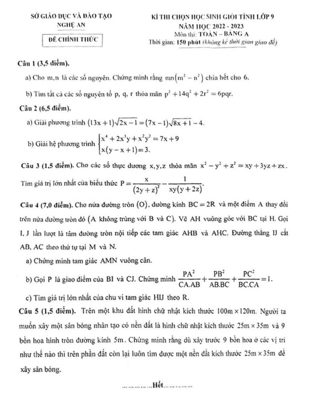 Đề học sinh giỏi cấp tỉnh lớp 9 môn Toán năm 2022 2023 sở GD ĐT Nghệ An