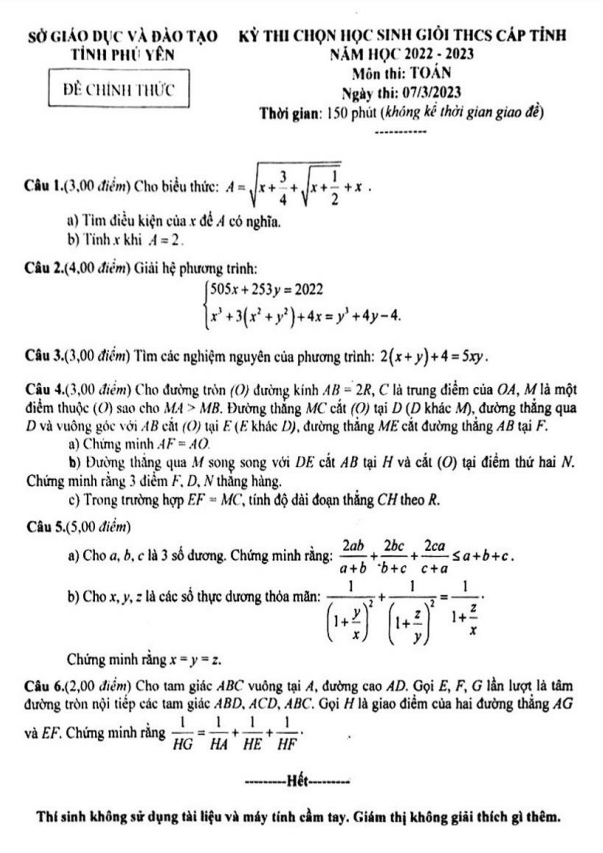 Đề học sinh giỏi cấp tỉnh Toán THCS năm 2022 2023 sở GD ĐT Phú Yên