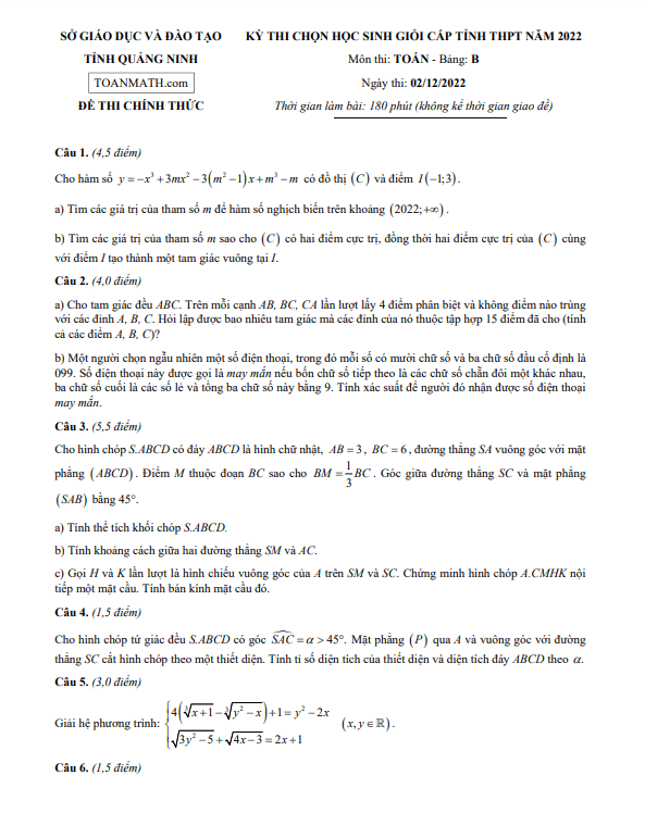 Đề học sinh giỏi cấp tỉnh Toán THPT năm 2022 2023 sở GD ĐT Quảng Ninh