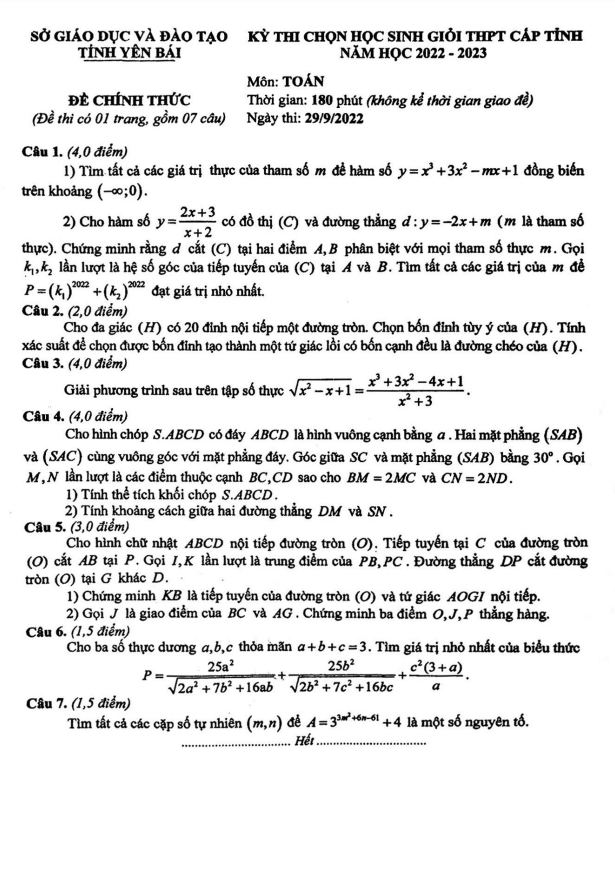 Đề học sinh giỏi cấp tỉnh Toán THPT năm 2022 2023 sở GD ĐT Yên Bái