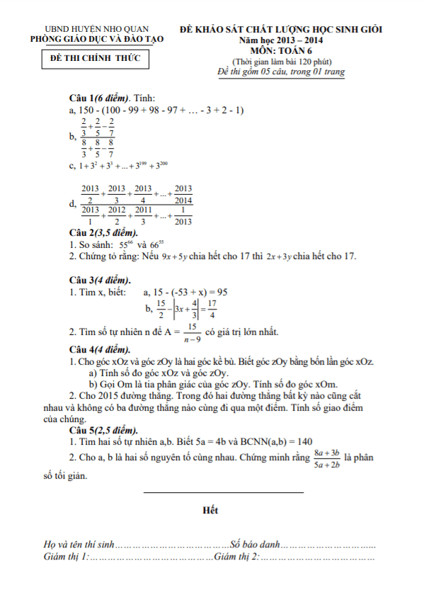 Đề học sinh giỏi huyện lớp 6 môn Toán năm 2013 2014 phòng GD ĐT Nho Quan Ninh Bình