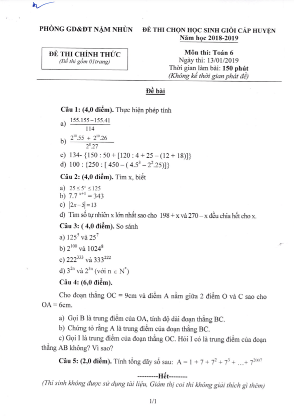 Đề học sinh giỏi huyện lớp 6 môn Toán năm 2018 2019 phòng GD ĐT Nậm Nhùn Lai Châu