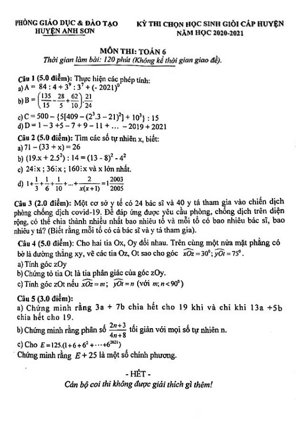 Đề học sinh giỏi huyện lớp 6 môn Toán năm 2020 2021 phòng GD ĐT Anh Sơn Nghệ An