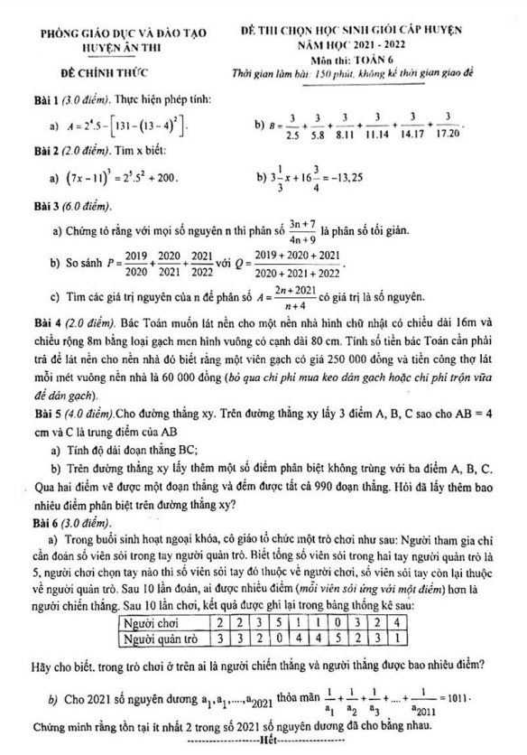 Đề học sinh giỏi huyện lớp 6 môn Toán năm 2021 2022 phòng GD ĐT Ân Thi Hưng Yên