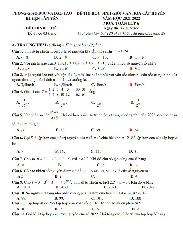 Đề học sinh giỏi huyện lớp 6 môn Toán năm 2021 2022 phòng GD ĐT Tân Yên Bắc Giang