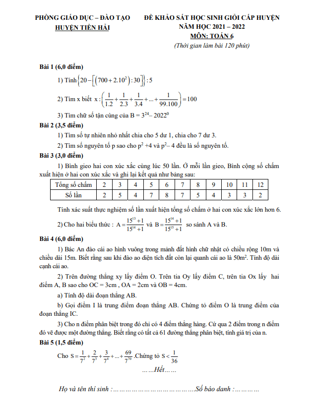 Đề học sinh giỏi huyện lớp 6 môn Toán năm 2021 2022 phòng GD ĐT Tiền Hải Thái Bình