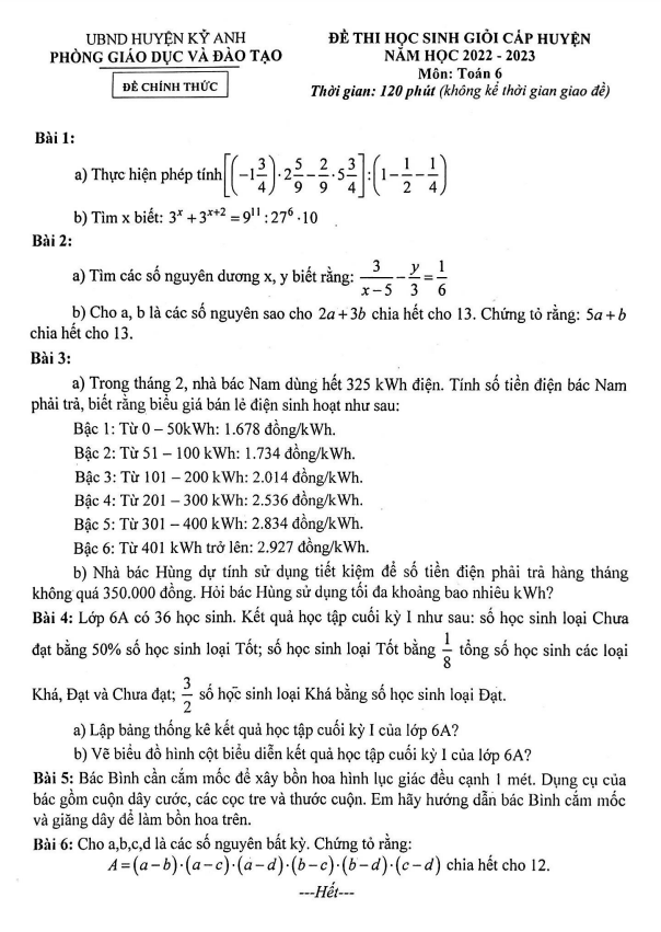Đề học sinh giỏi huyện lớp 6 môn Toán năm 2022 2023 phòng GD ĐT Kỳ Anh Hà Tĩnh