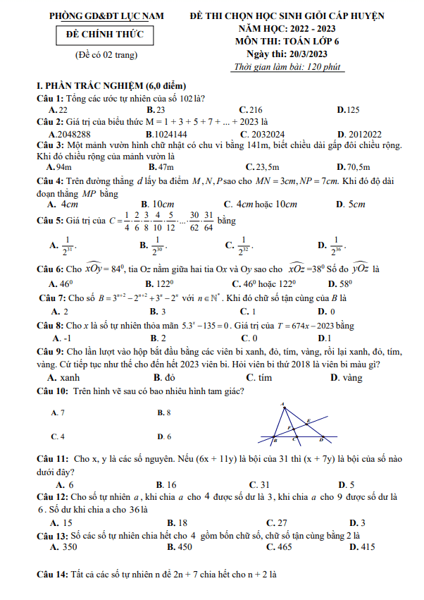 Đề học sinh giỏi huyện lớp 6 môn Toán năm 2022 2023 phòng GD ĐT Lục Nam Bắc Giang