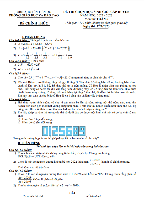Đề học sinh giỏi huyện lớp 6 môn Toán năm 2022 2023 phòng GD ĐT Tiên Du Bắc Ninh