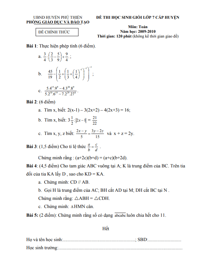 Đề học sinh giỏi huyện lớp 7 môn Toán năm 2009 2010 phòng GD ĐT Phú Thiện Gia Lai