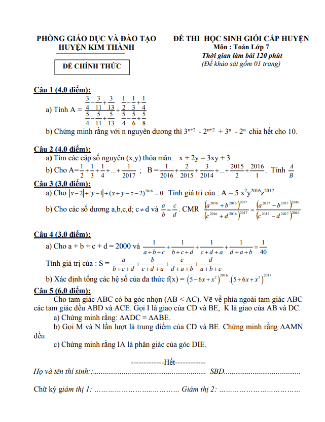 Đề học sinh giỏi huyện lớp 7 môn Toán năm 2016 2017 phòng GD ĐT Kim Thành Hải Dương