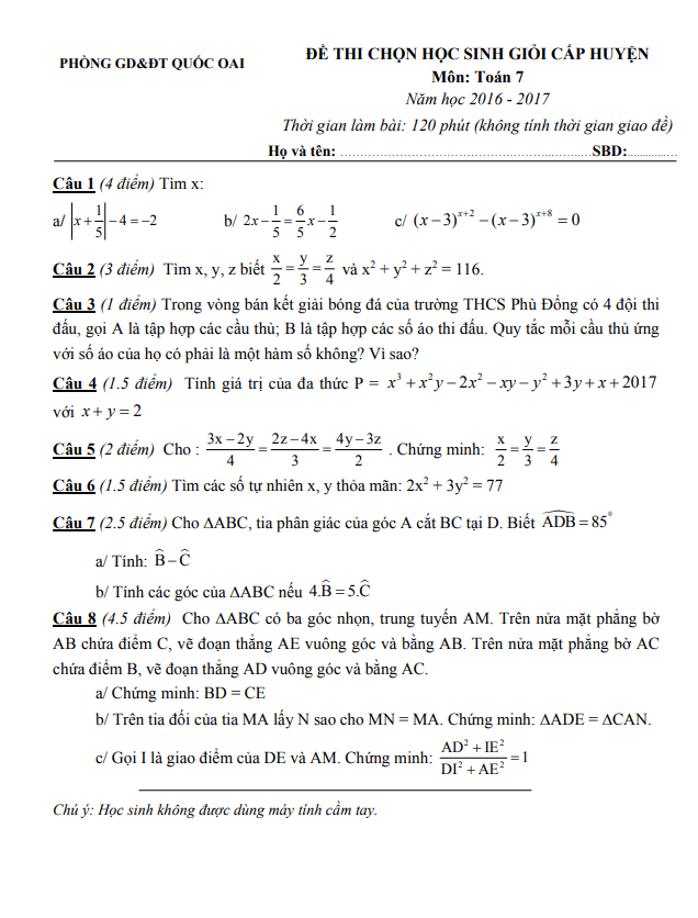 Đề học sinh giỏi huyện lớp 7 môn Toán năm 2016 2017 phòng GD ĐT Quốc Oai Hà Nội