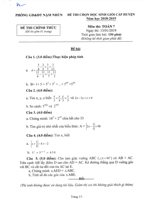 Đề học sinh giỏi huyện lớp 7 môn Toán năm 2018 2019 phòng GD ĐT Nậm Nhùn Lai Châu