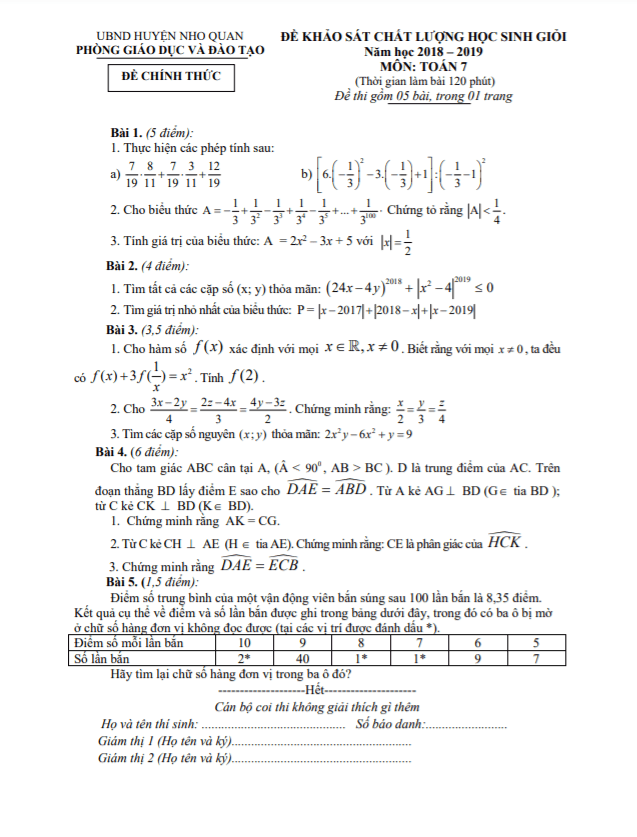 Đề học sinh giỏi huyện lớp 7 môn Toán năm 2018 2019 phòng GD ĐT Nho Quan Ninh Bình