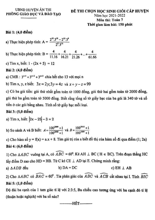 Đề học sinh giỏi huyện lớp 7 môn Toán năm 2021 2022 phòng GD ĐT Ân Thi Hưng Yên
