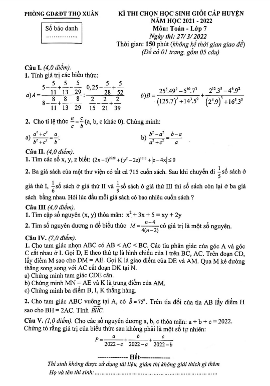 Đề học sinh giỏi huyện lớp 7 môn Toán năm 2021 2022 phòng GD ĐT Thọ Xuân Thanh Hoá