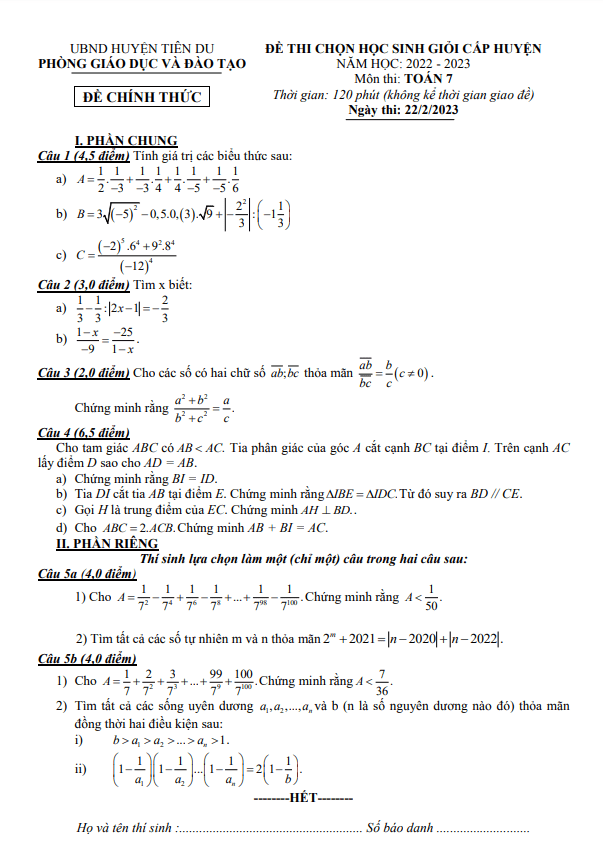 Đề học sinh giỏi huyện lớp 7 môn Toán năm 2022 2023 phòng GD ĐT Tiên Du Bắc Ninh