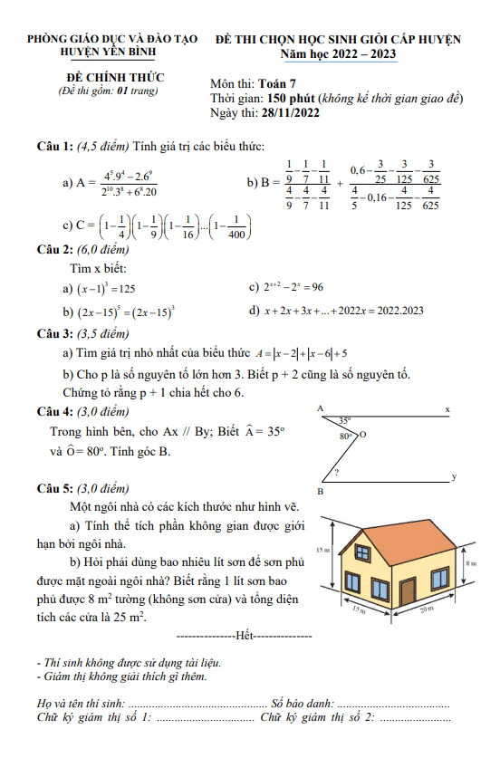 Đề học sinh giỏi huyện lớp 7 môn Toán năm 2022 2023 phòng GD ĐT Yên Bình Yên Bái