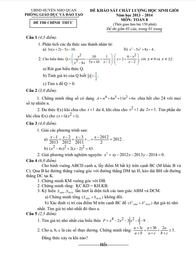 Đề học sinh giỏi huyện lớp 8 môn Toán năm 2013 2014 phòng GD ĐT Nho Quan Ninh Bình