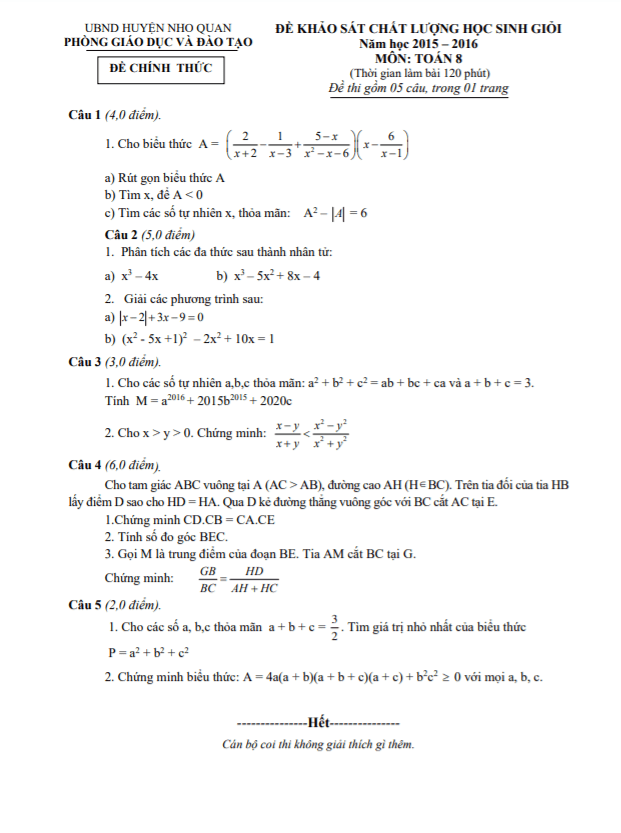 Đề học sinh giỏi huyện lớp 8 môn Toán năm 2015 2016 phòng GD ĐT Nho Quan Ninh Bình