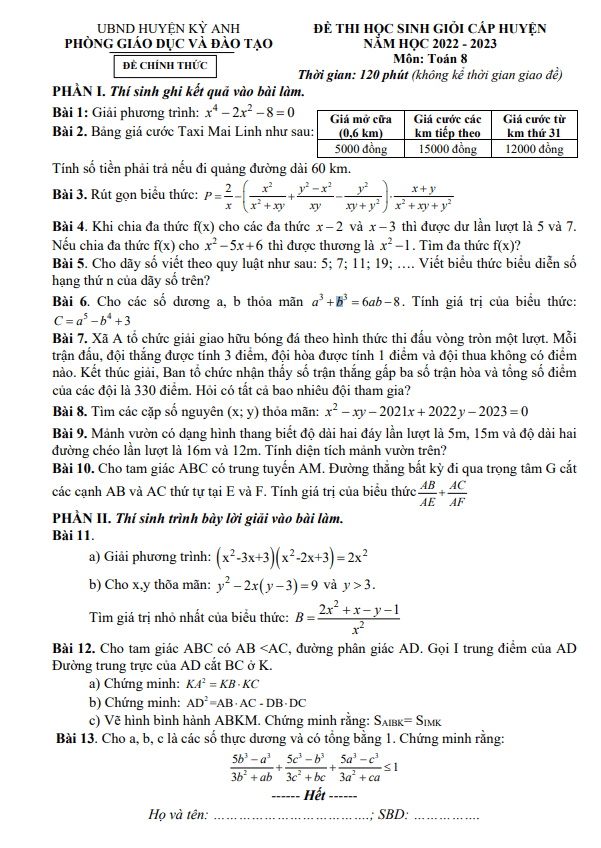 Đề học sinh giỏi huyện lớp 8 môn Toán năm 2022 2023 phòng GD ĐT Kỳ Anh Hà Tĩnh