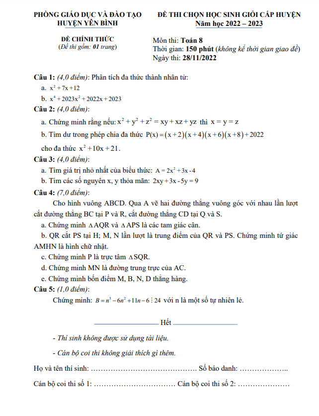 Đề học sinh giỏi huyện lớp 8 môn Toán năm 2022 2023 phòng GD ĐT Yên Bình Yên Bái